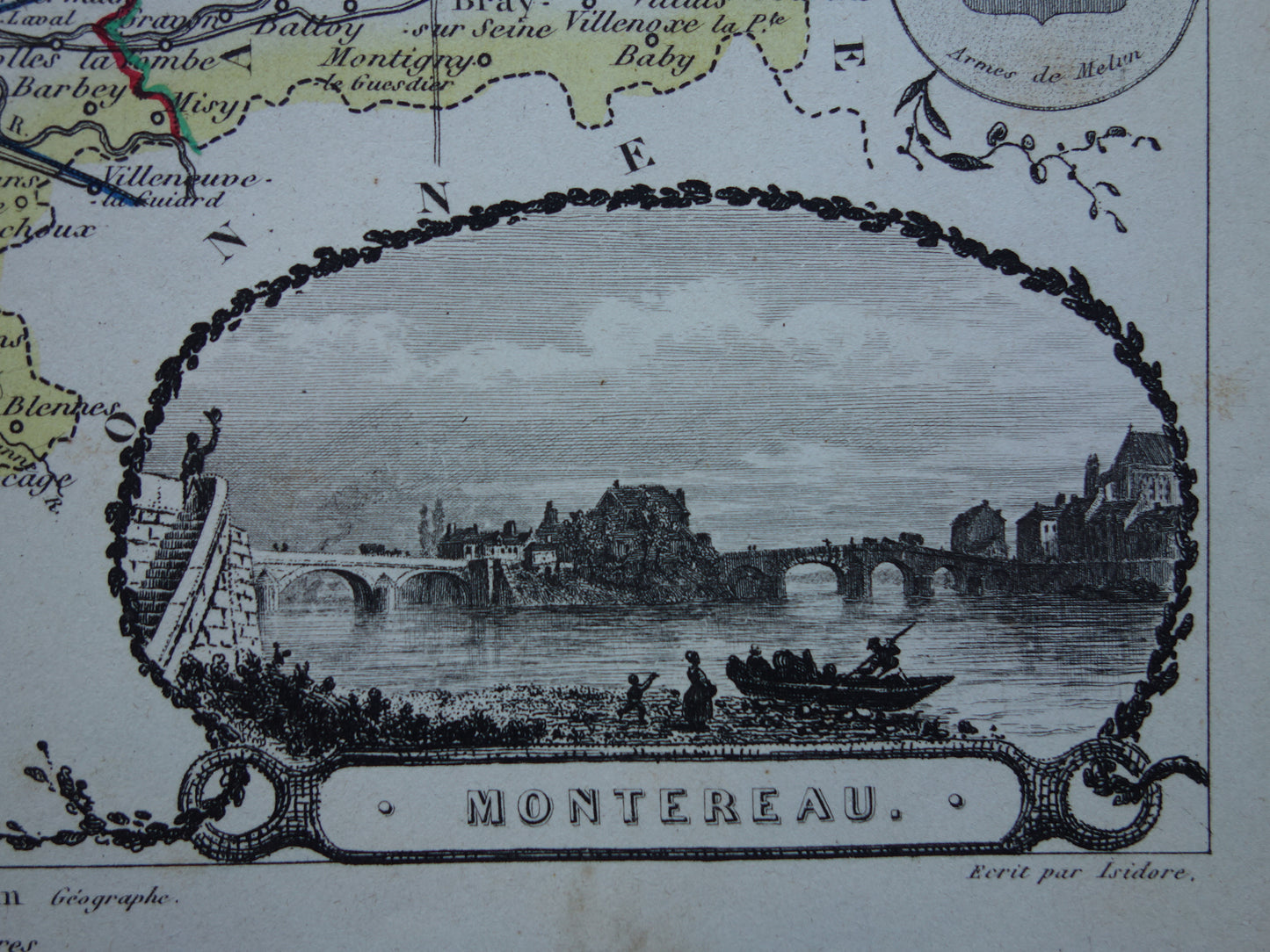 Oude kaart Seine et Marne departement in Frankrijk uit 1851 originele antieke handgekleurde landkaart Montereau