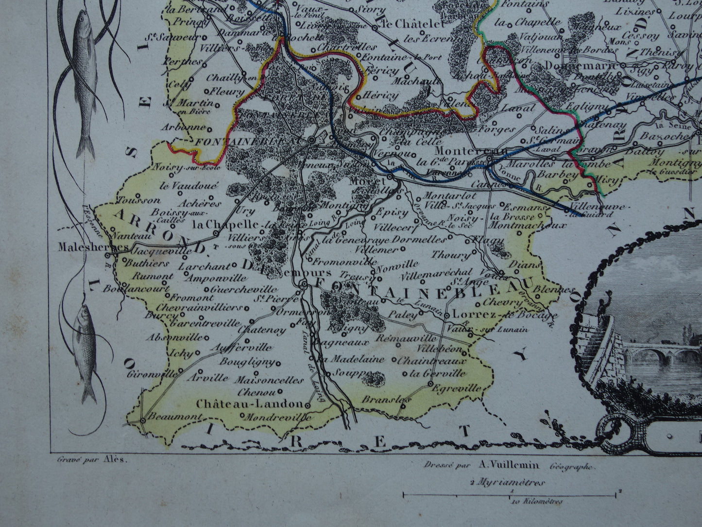 Oude kaart Seine et Marne departement in Frankrijk uit 1851 originele antieke handgekleurde landkaart Montereau