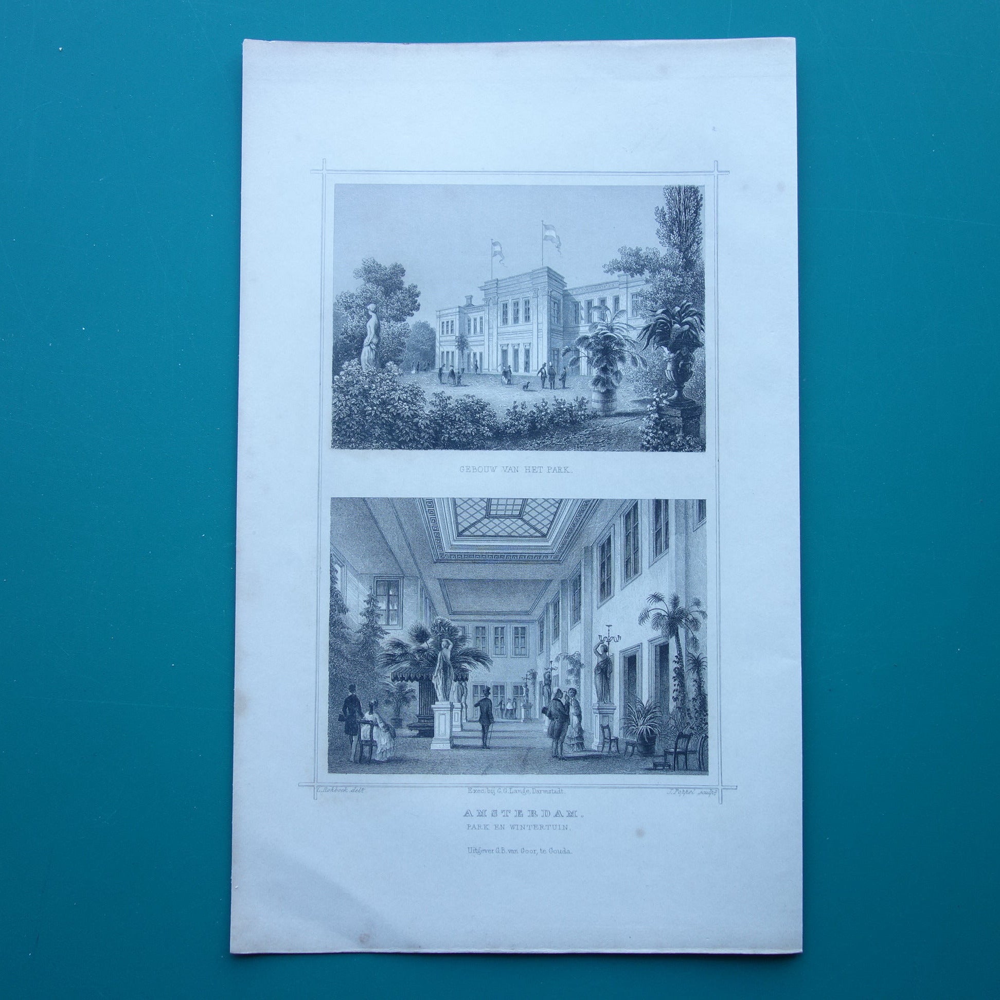 Oude prent Parkzaal Plantage Parklaan Wertheimpark Parktuin uit 1858 Originele antieke gravure Terwen Koningrijk der Nederlanden Amsterdam Park en Wintertuin