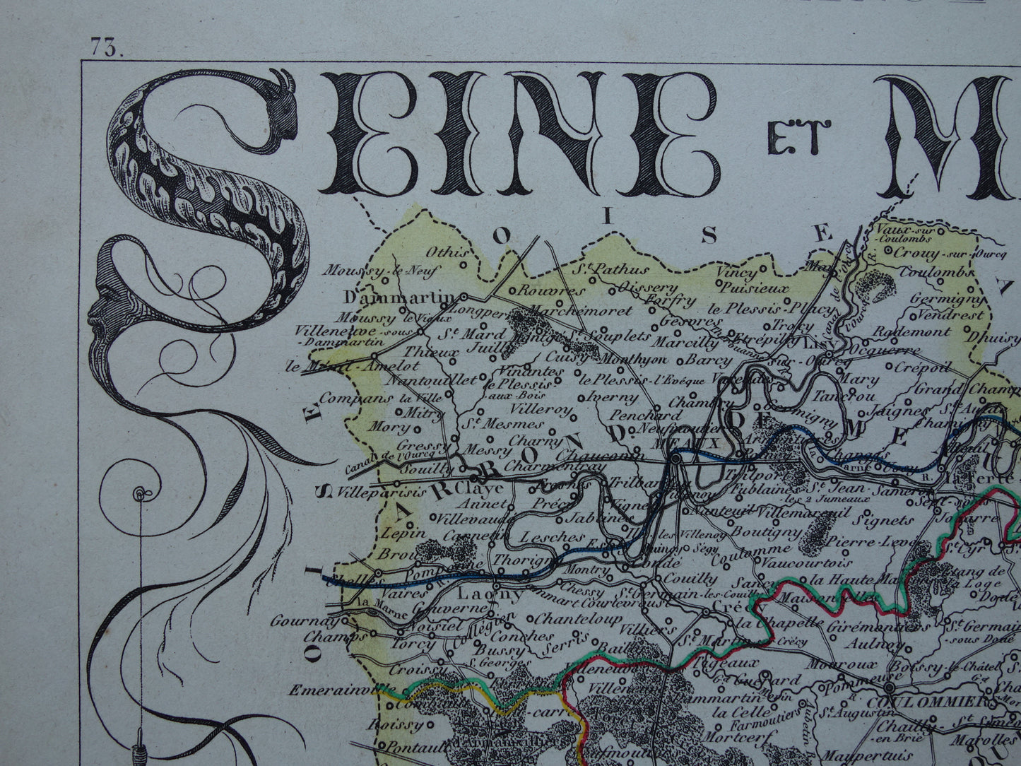 Oude kaart Seine et Marne departement in Frankrijk uit 1851 originele antieke handgekleurde landkaart Montereau