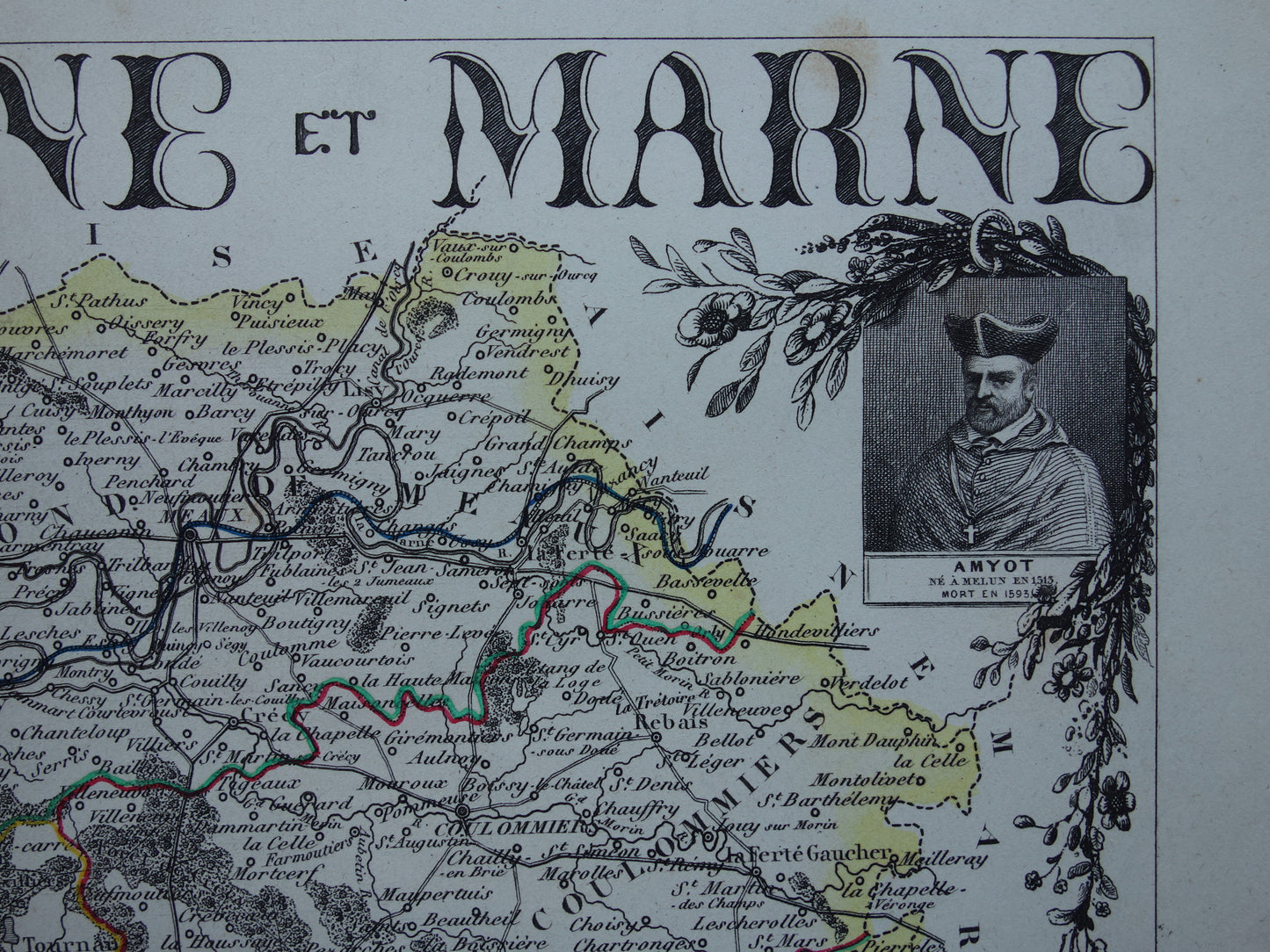 Oude kaart Seine et Marne departement in Frankrijk uit 1851 originele antieke handgekleurde landkaart Montereau