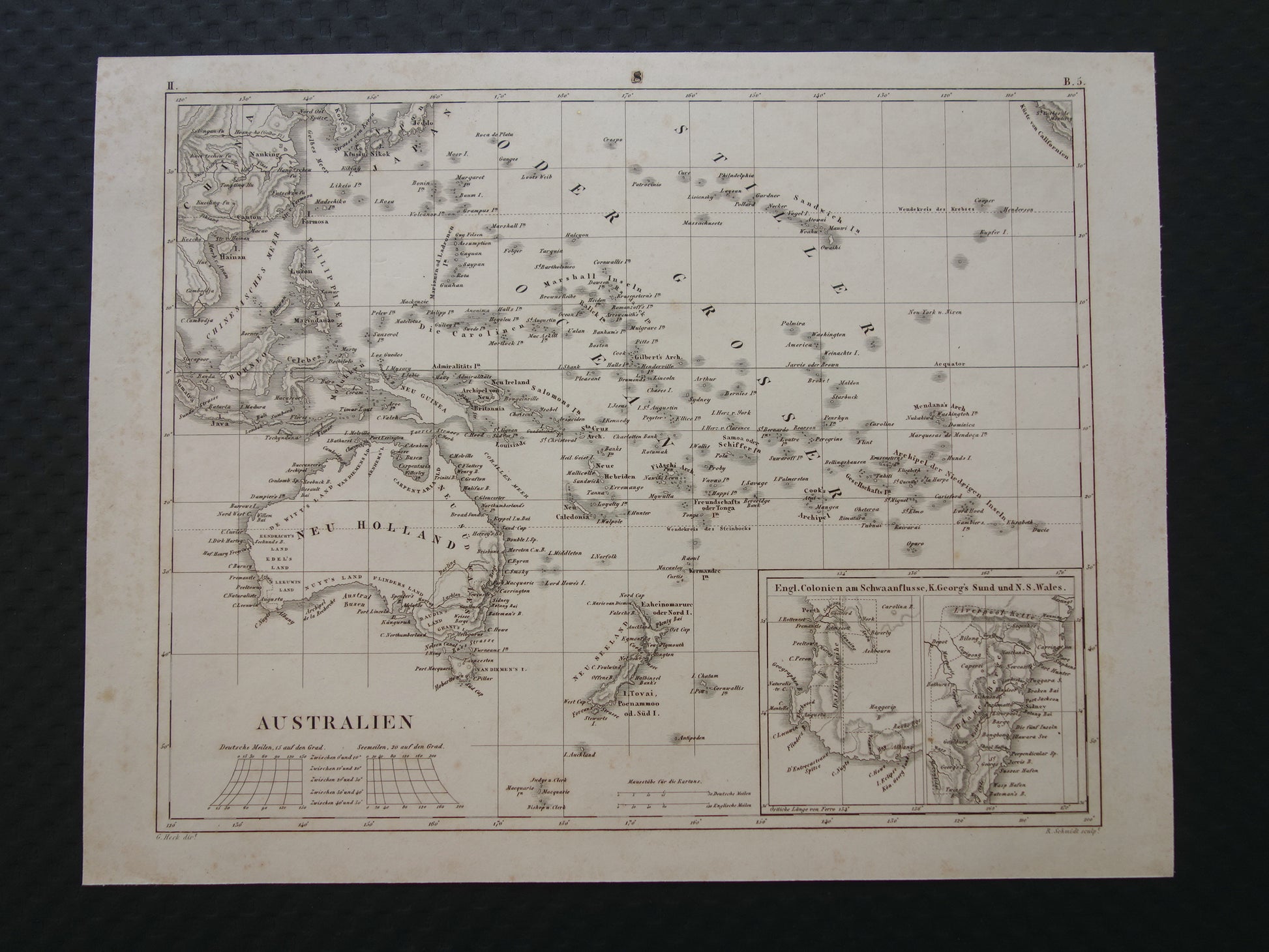 OCEANIË antieke kaart van Oceanië 175+ jaar oude landkaart van continent met Australië Nieuw-Zeeland uit 1849 - originele vintage historische kaarten