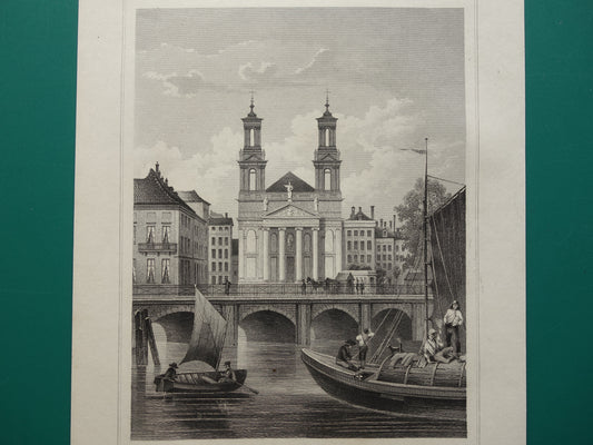 De Mozes en Aäronkerk Amsterdam Oude prent uit 1858 Originele antieke gravure Terwen Koningrijk der Nederlanden
