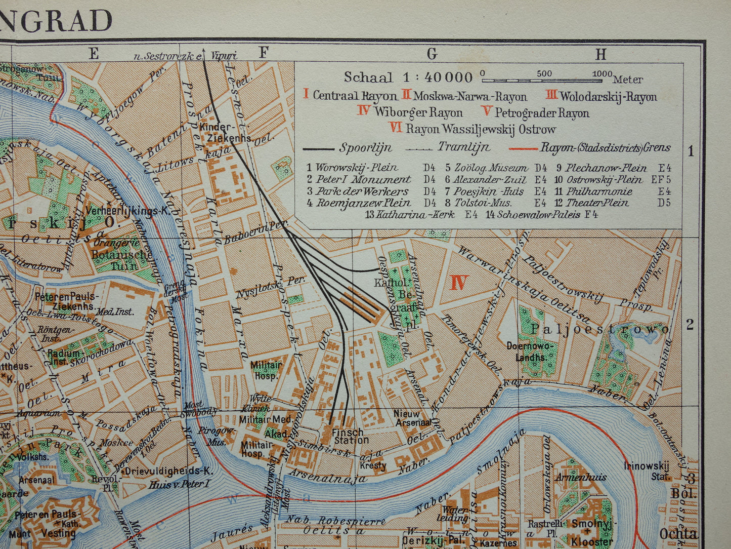 Alte Karte von St. Petersburg aus dem Jahr 1936, originale niederländische antike Karte von Leningrad