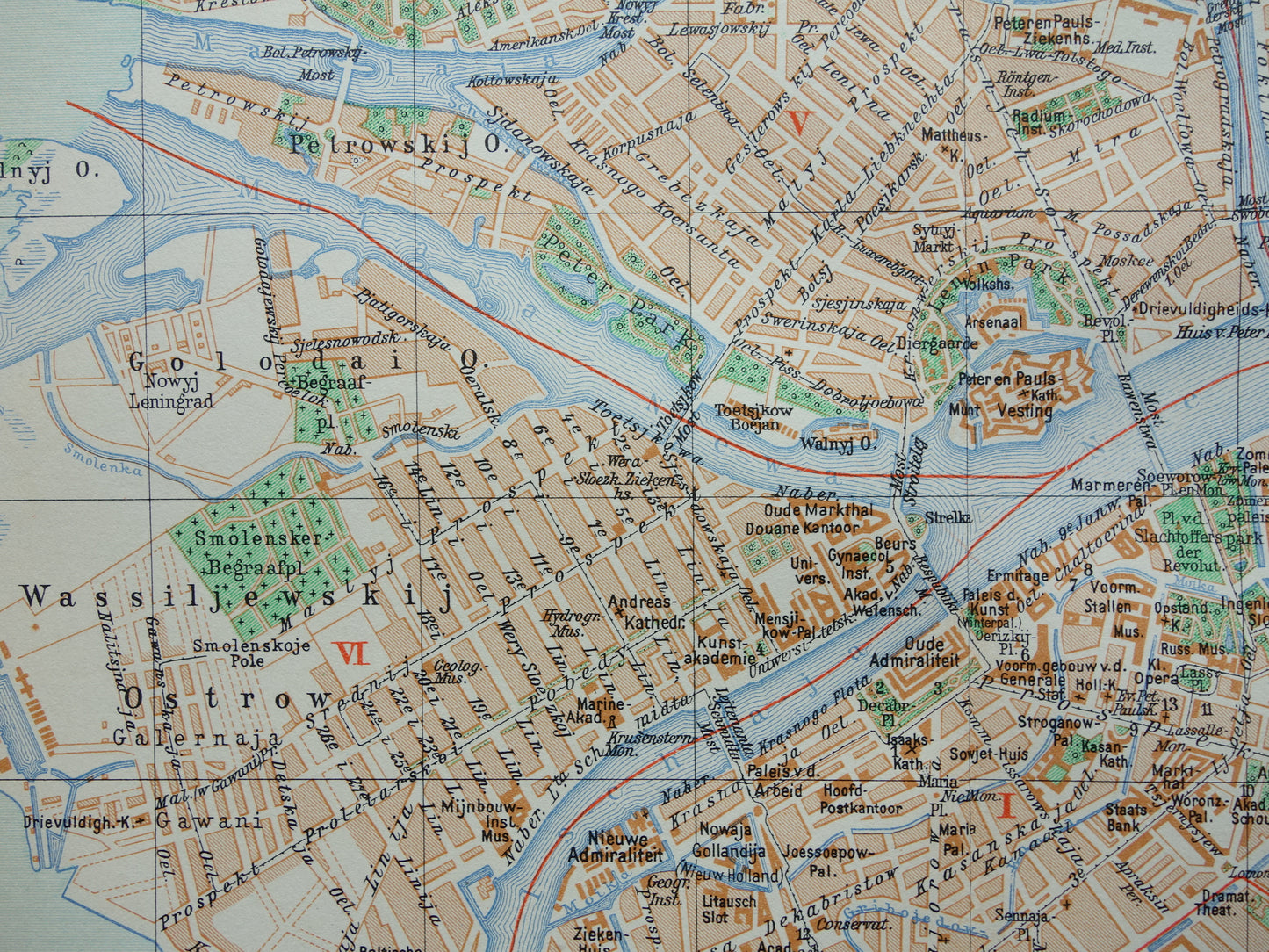 Alte Karte von St. Petersburg aus dem Jahr 1936, originale niederländische antike Karte von Leningrad