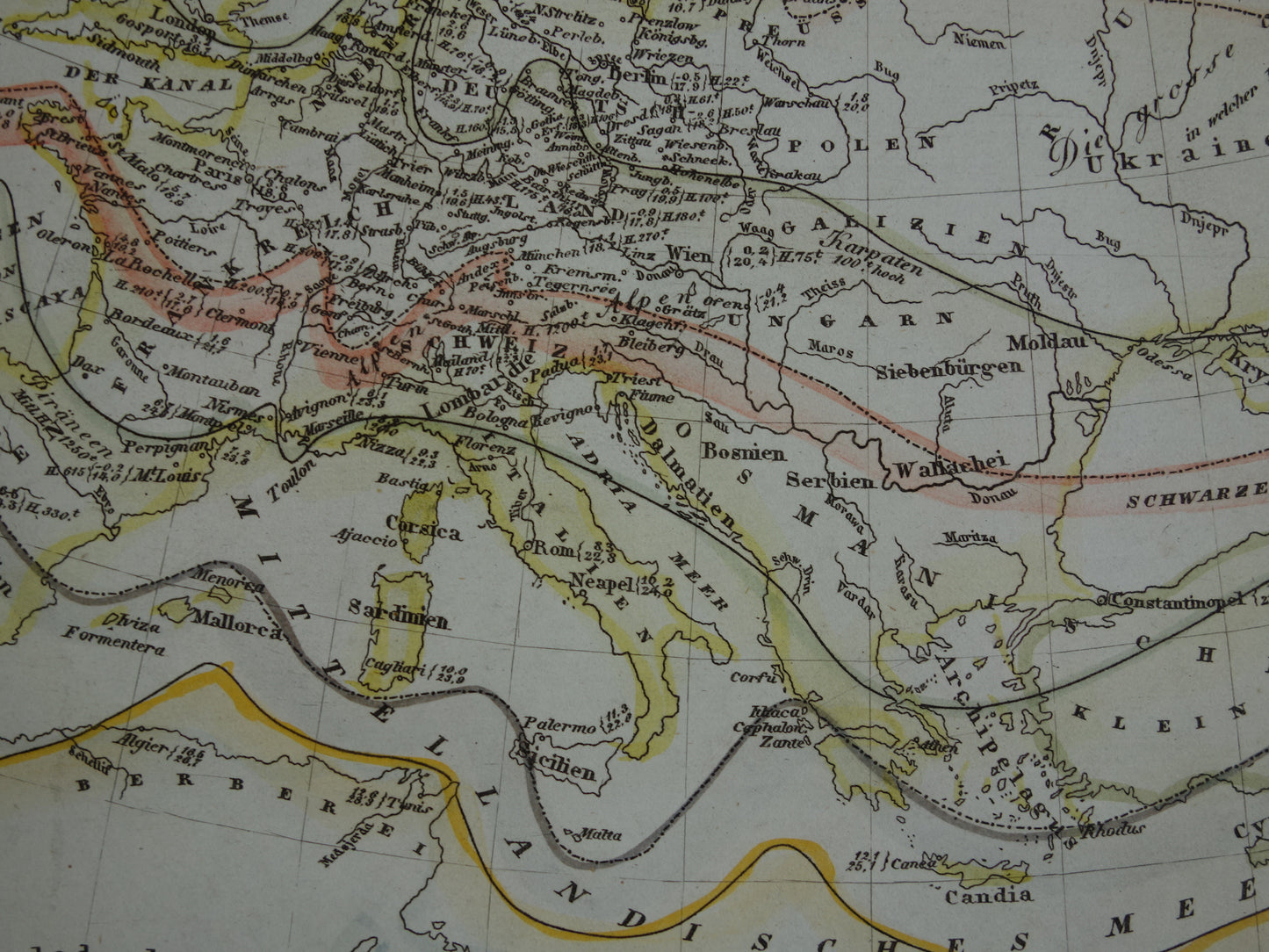 Klimaatkaart van Europa uit 1851 oude handgekleurde kaart temperatuur continent Europa - vintage print