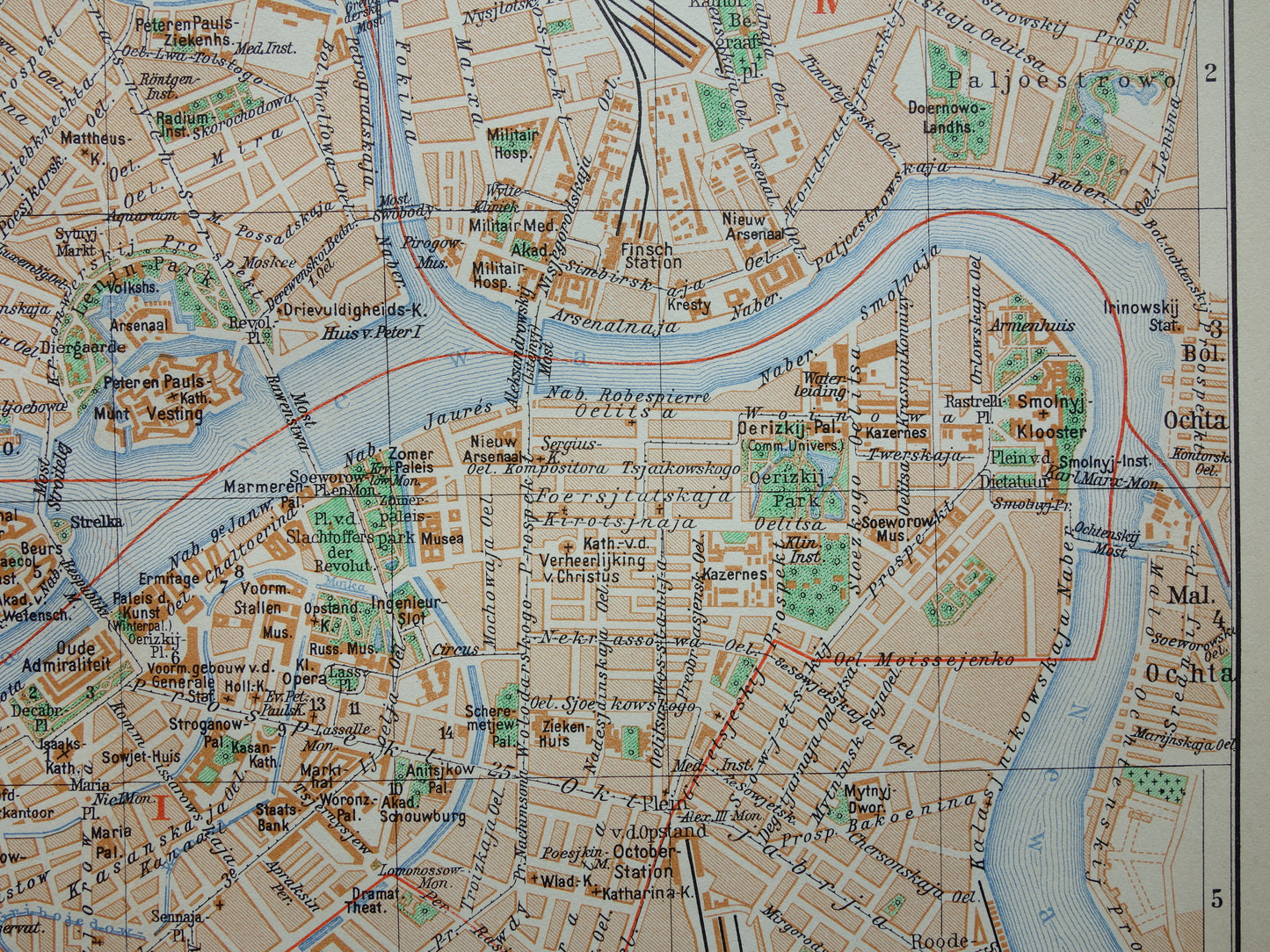 Alte Karte von St. Petersburg aus dem Jahr 1936, originale niederländische antike Karte von Leningrad
