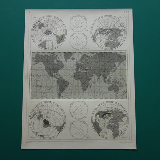 Oude Kaart van het aardmagnetisch veld uit 1849 originele antieke wereldkaart magnetisme polen noordpool zuidpool