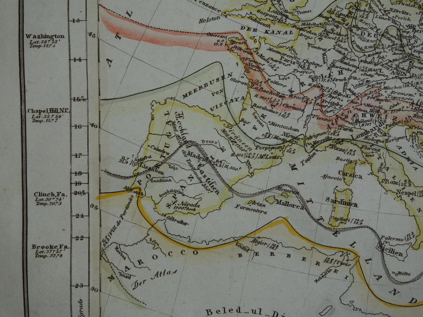 Klimaatkaart van Europa uit 1851 oude handgekleurde kaart temperatuur continent Europa - vintage print