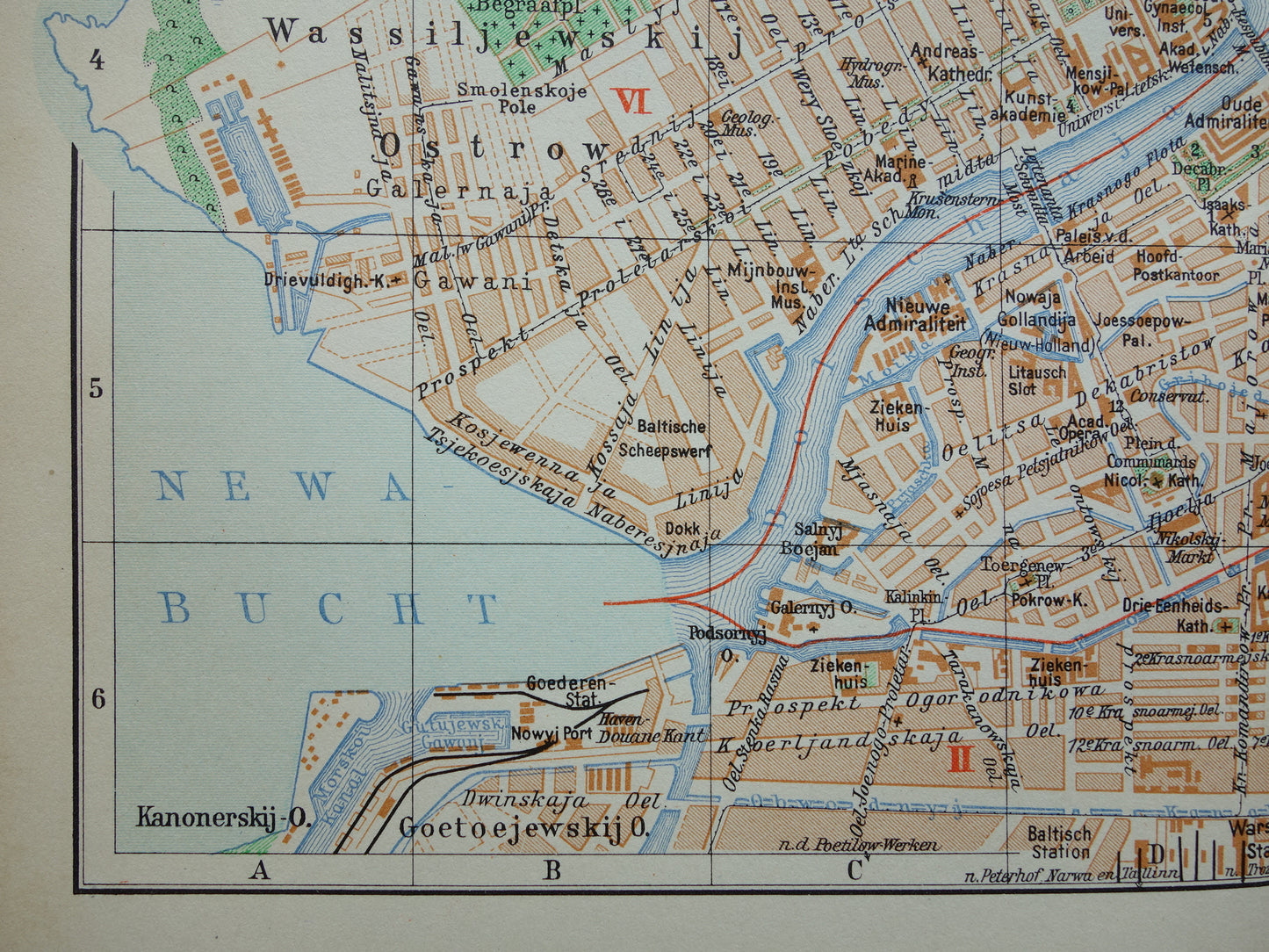 Alte Karte von St. Petersburg aus dem Jahr 1936, originale niederländische antike Karte von Leningrad