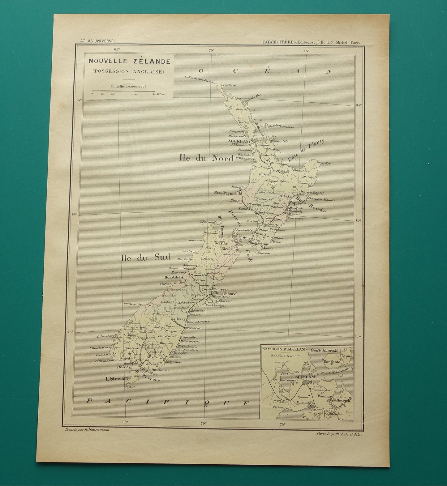 NIEUW-ZEELAND oude kaart uit 1896 originele antieke Franse handgekleurde landkaart Nieuw-Zeeland
