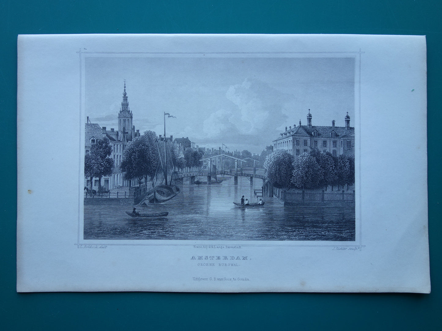 Oude prent Zwanenburgwal Amsterdam 1858 Originele antieke gravure Terwen Koningrijk der Nederlanden Groene Burgwal