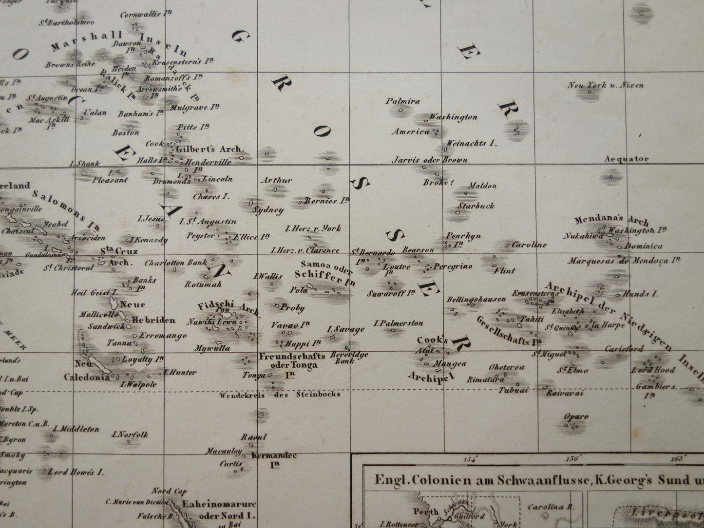 OCEANIË antieke kaart van Oceanië 175+ jaar oude landkaart van continent met Australië Nieuw-Zeeland uit 1849 - originele vintage historische kaarten