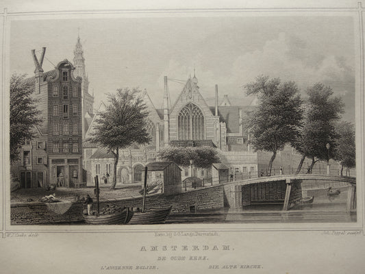 De Oude Kerk Amsterdam Oude prent uit 1858 Originele antieke gravure Terwen Koningrijk der Nederlanden