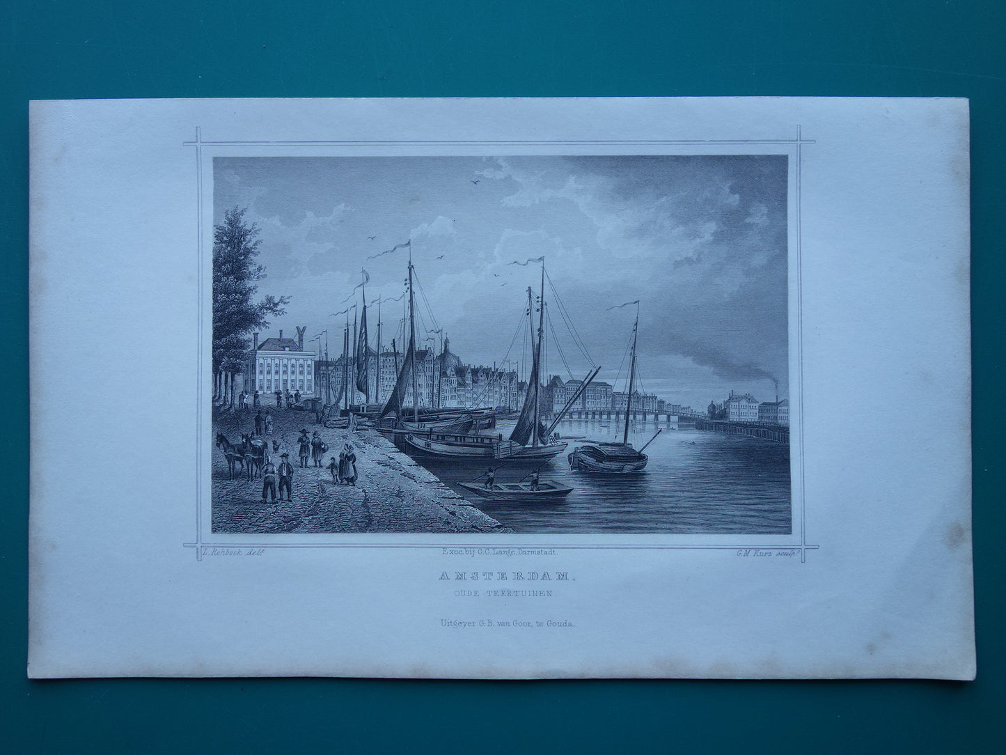 Oude Teertuinen Oude prent Prins Hendrikkade Amsterdam 1858 Originele antieke gravure Terwen Kongrijk der Nederlanden
