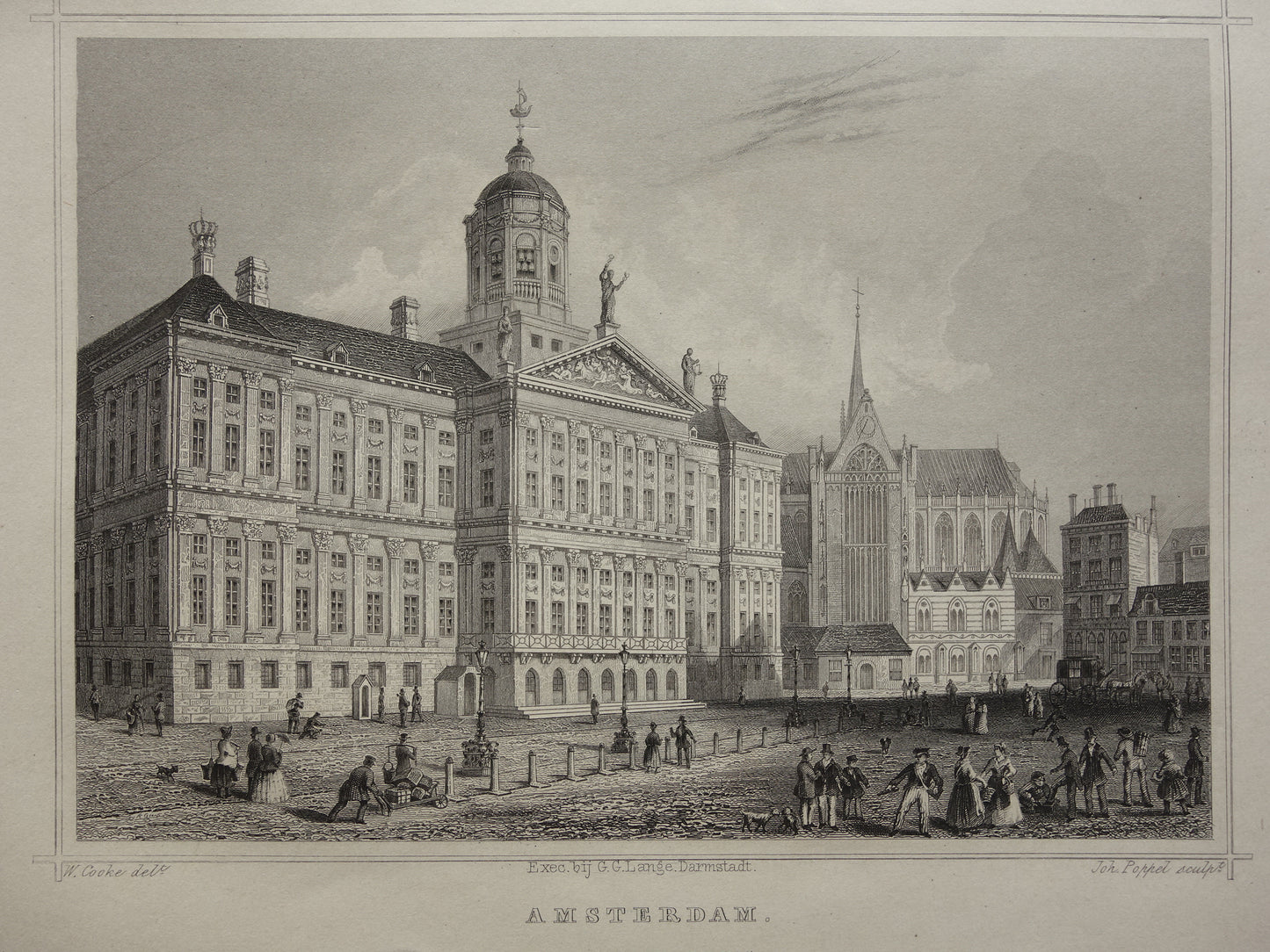 Paleis op de Dam Oude prent uit 1858 Originele antieke gravure Terwen Koningrijk der Nederlanden Amsterdam Het koninklijk Paleis