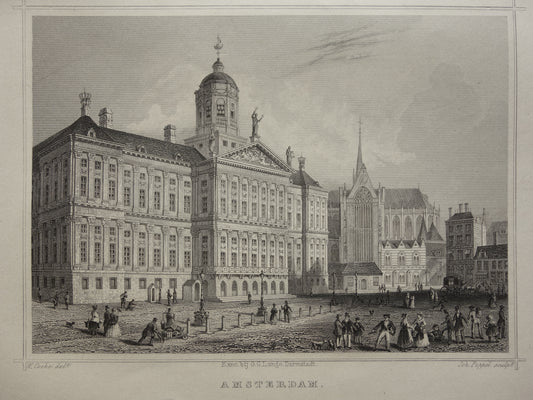 Paleis op de Dam Oude prent uit 1858 Originele antieke gravure Terwen Koningrijk der Nederlanden Amsterdam Het koninklijk Paleis