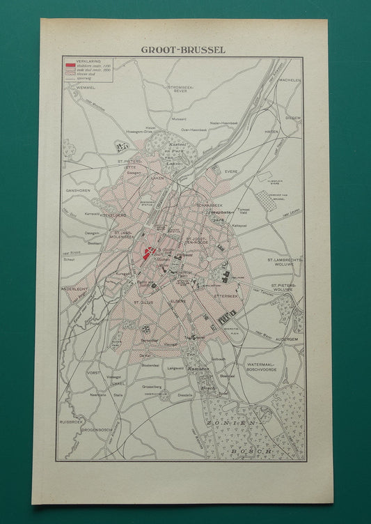 Historische kaart van Groot-Brussel België kleine originele oude plattegrond antieke landkaart
