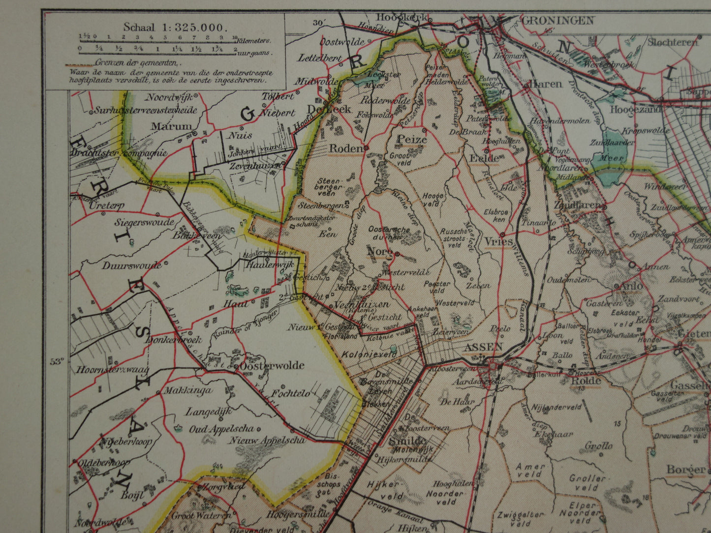 DRENTHE Oude landkaart van de provincie Drenthe uit 1907 originele vintage kaart Assen Maatschappij Weldadigheid