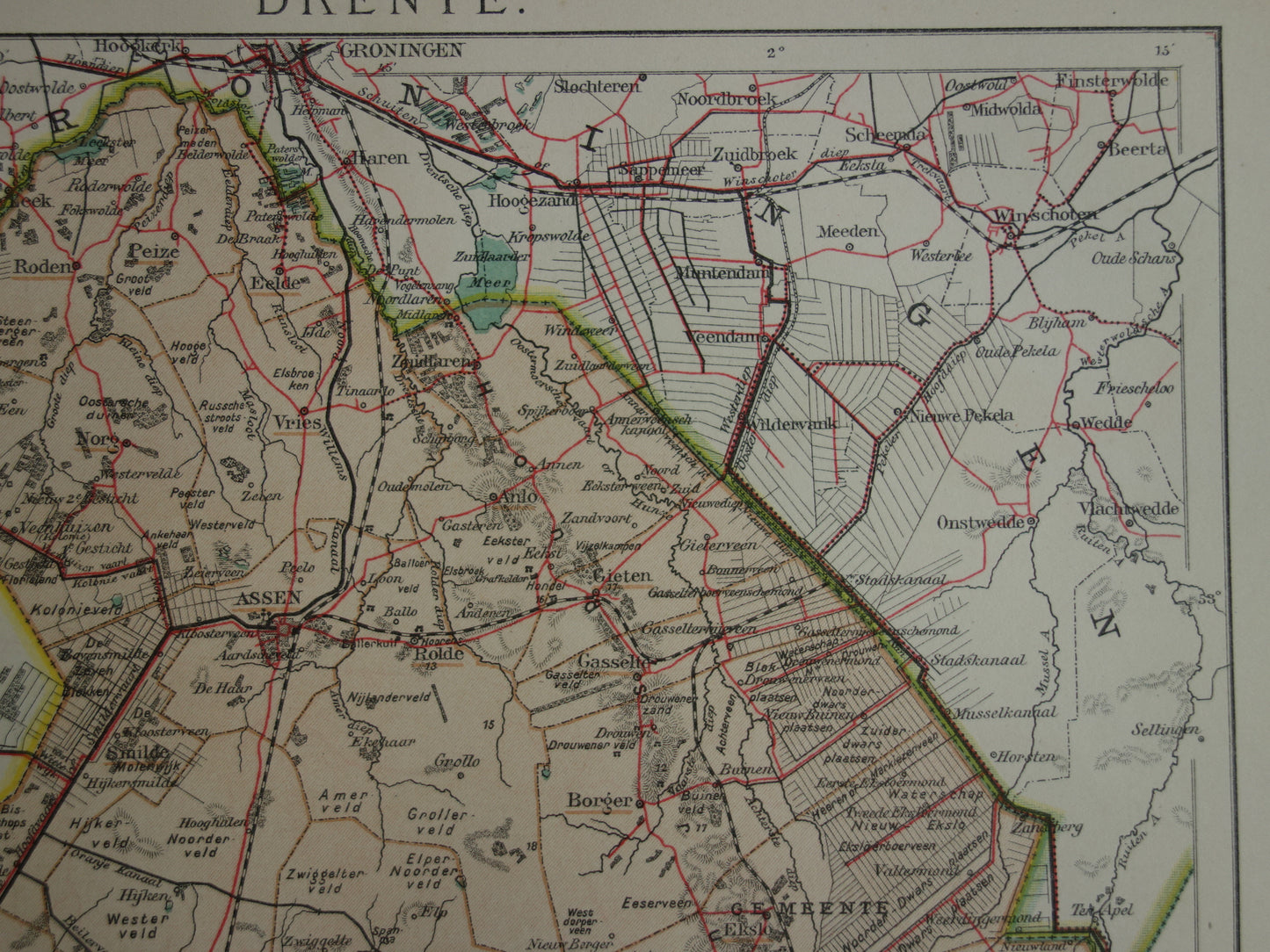 DRENTHE Oude landkaart van de provincie Drenthe uit 1907 originele vintage kaart Assen Maatschappij Weldadigheid