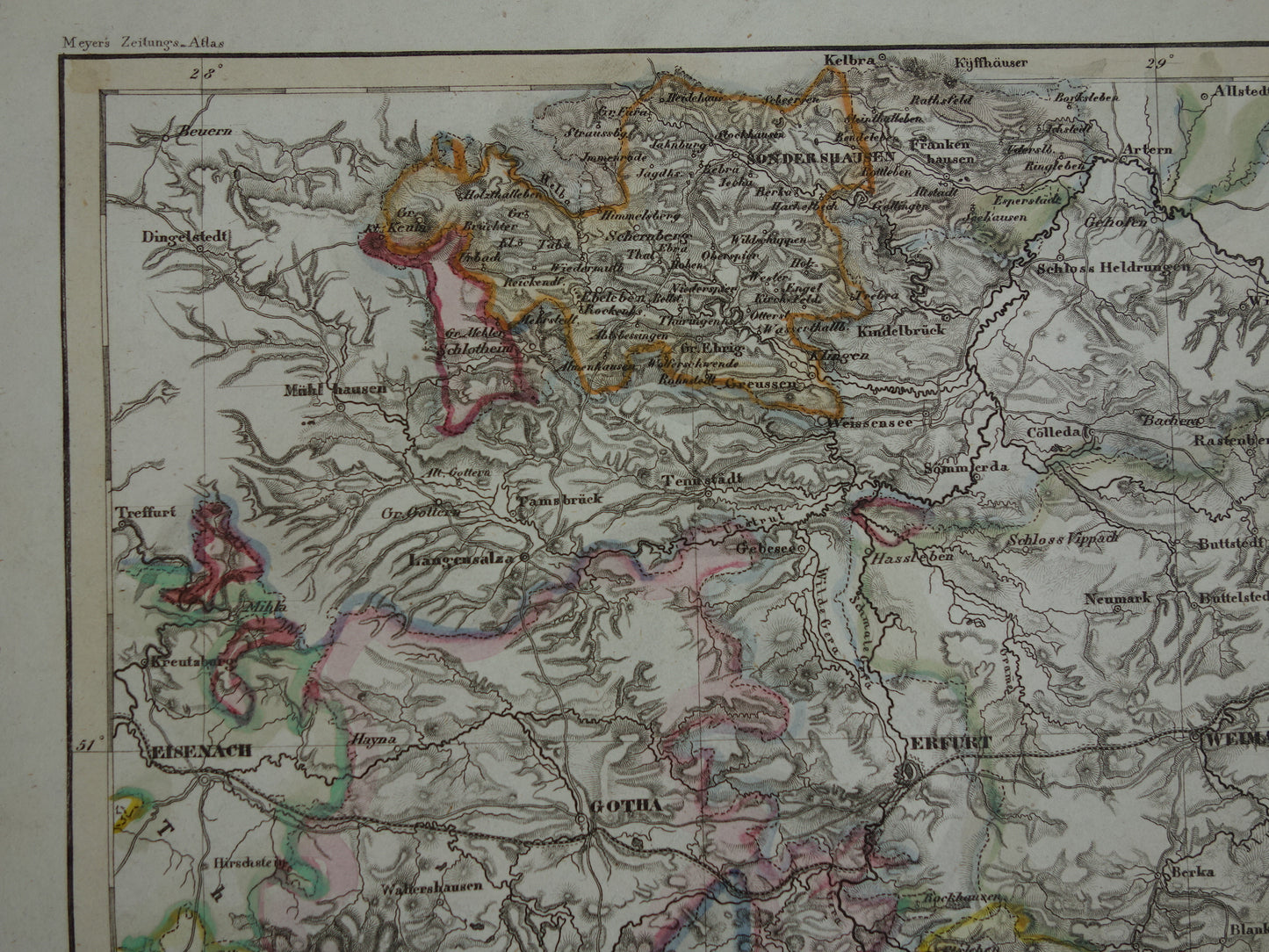 Schwarzburg-Sondershausen oude kaart Duitsland uit 1851 originele antieke landkaart Gotha Rudolstadt