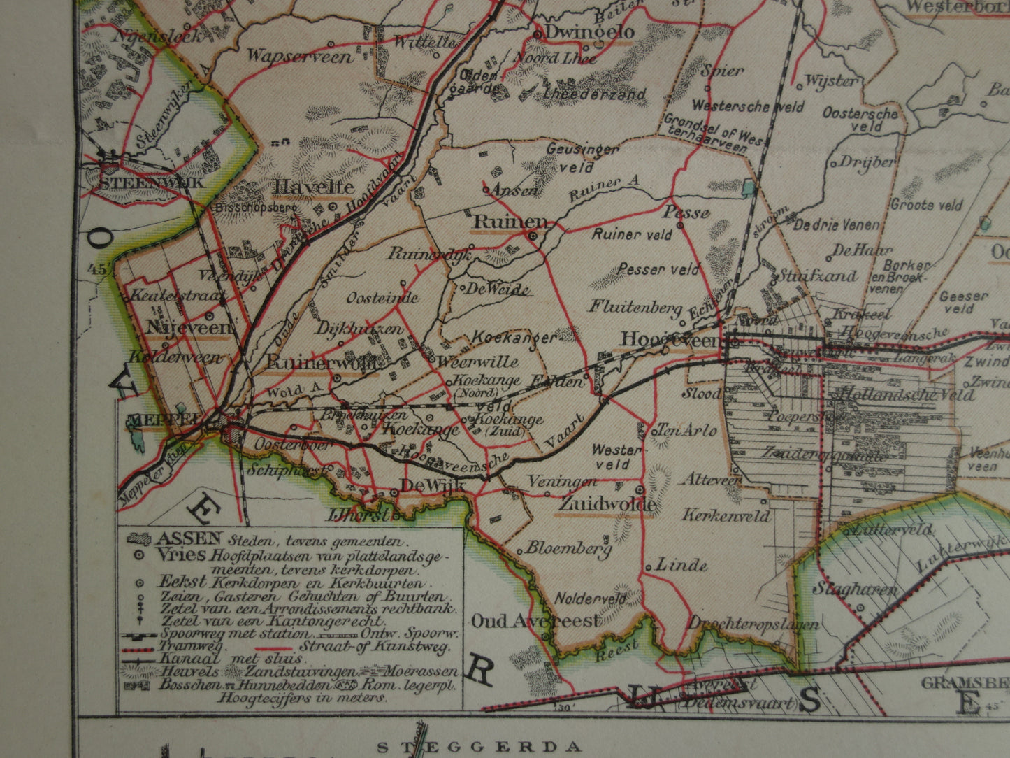 DRENTHE Oude landkaart van de provincie Drenthe uit 1907 originele vintage kaart Assen Maatschappij Weldadigheid