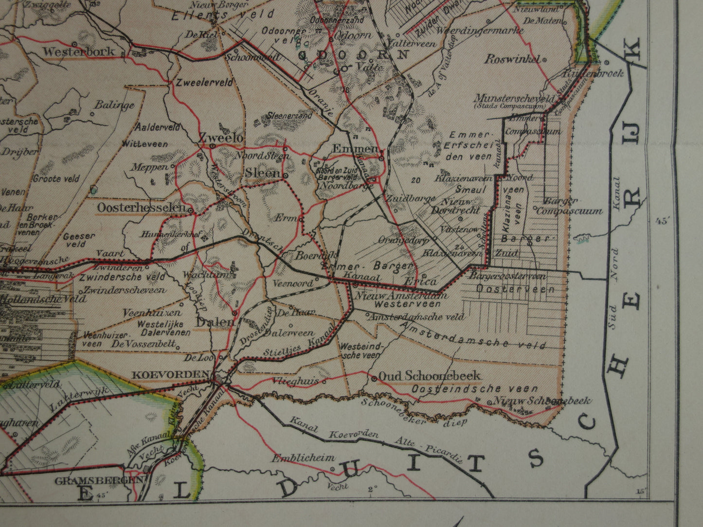 DRENTHE Oude landkaart van de provincie Drenthe uit 1907 originele vintage kaart Assen Maatschappij Weldadigheid