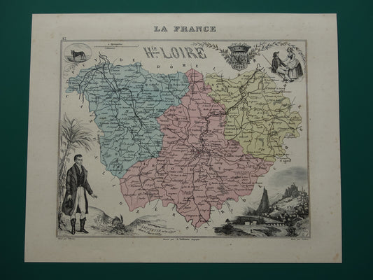Oude kaart van Haute Loire departement in Frankrijk - originele antieke handgekleurde landkaart Le Puy