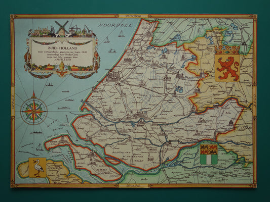 ZUID-HOLLAND Vintage kaart van de provincie Zuid-Holland uit 1947 Oude historische landkaart