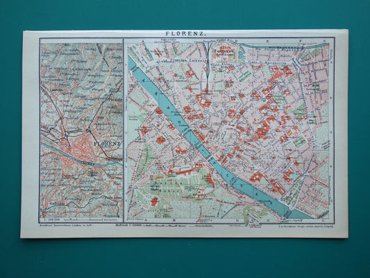 Florence kleine oude kaart uit 1902 Duitse antieke plattegrond