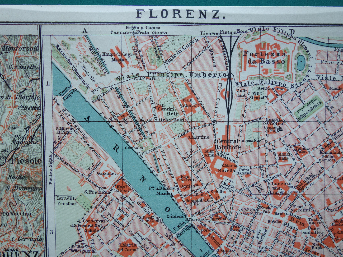 Florence kleiner alter Stadtplan von 1902 Deutsches antikes Kartenwerk