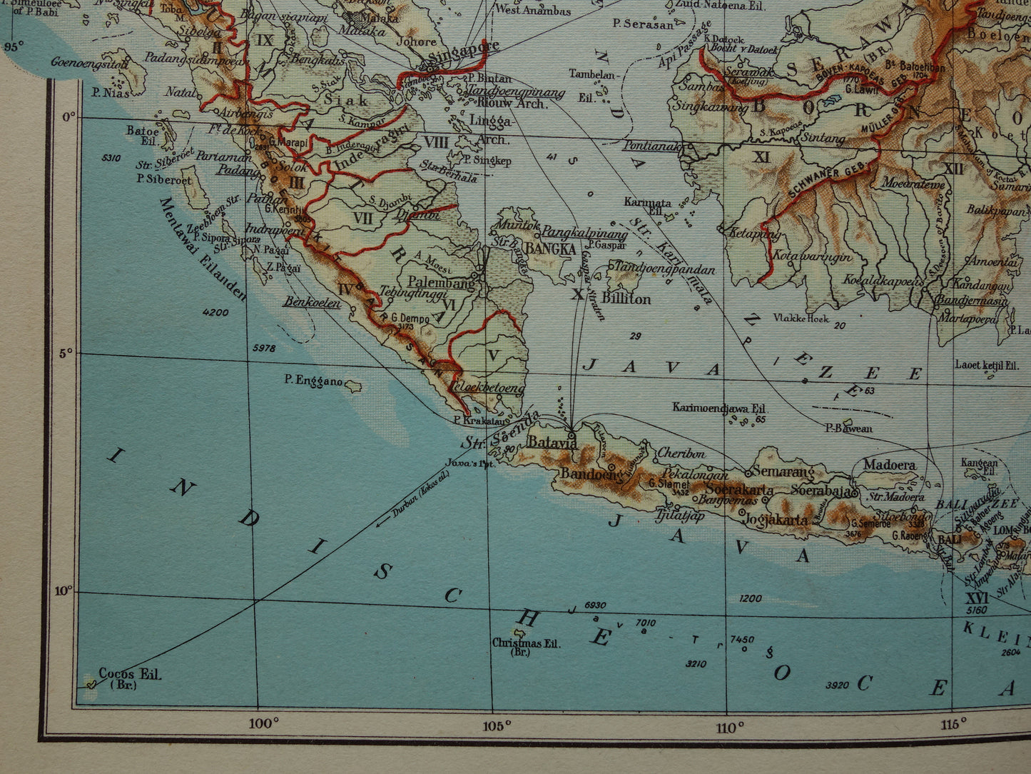 INDONESIË oude kaart van Indonesië Filipijnen Zuidoost-Azië 1937 originele vintage Nederlandse landkaart Nederlandsch Indië Batavia Atjeh Java