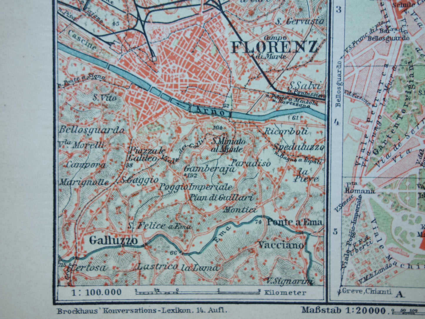 Florence kleiner alter Stadtplan von 1902 Deutsches antikes Kartenwerk