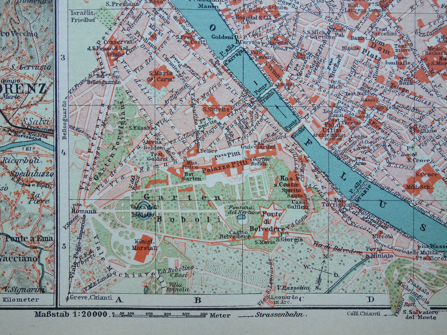 Florence kleiner alter Stadtplan von 1902 Deutsches antikes Kartenwerk