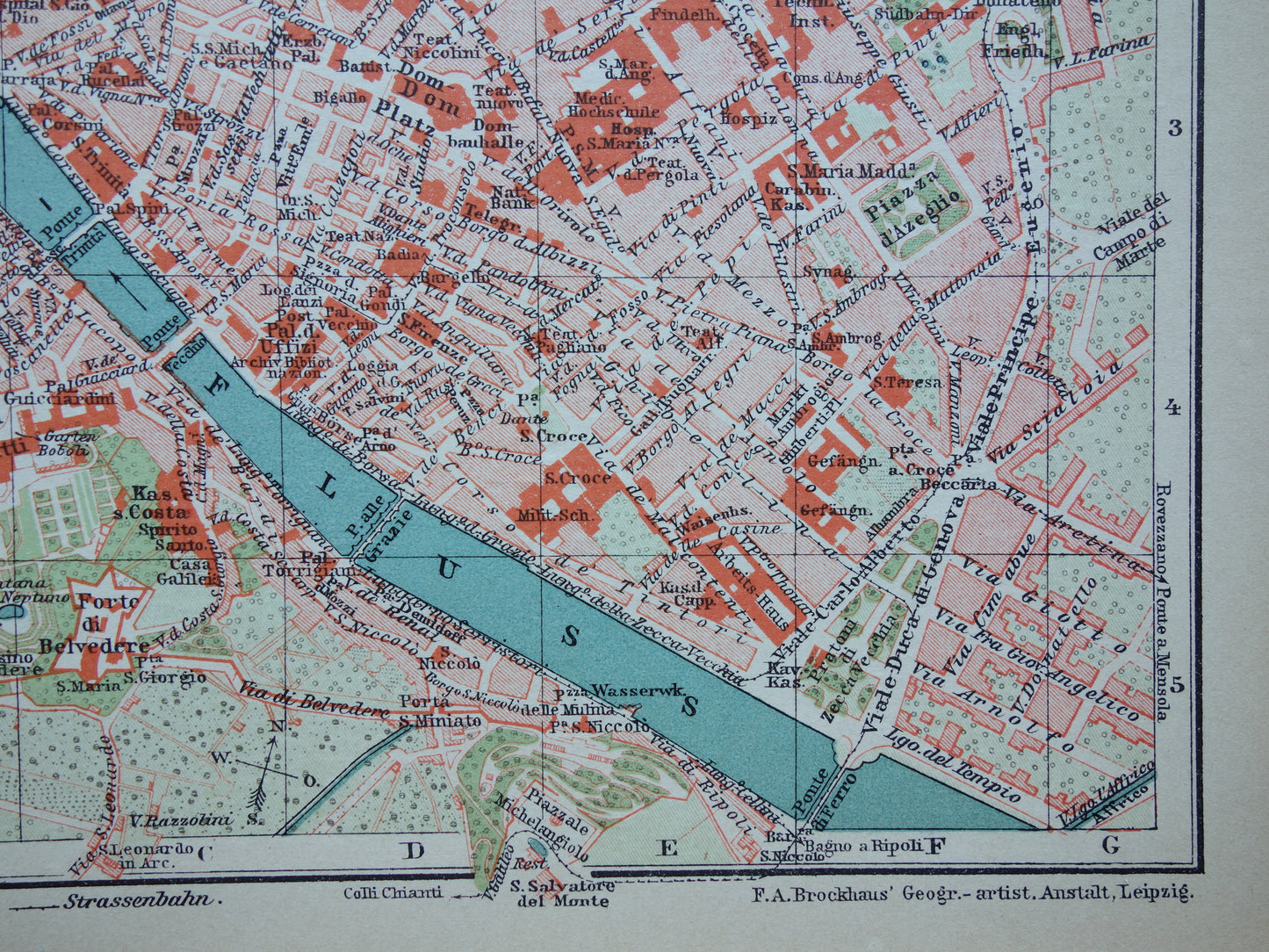 Florence kleiner alter Stadtplan von 1902 Deutsches antikes Kartenwerk