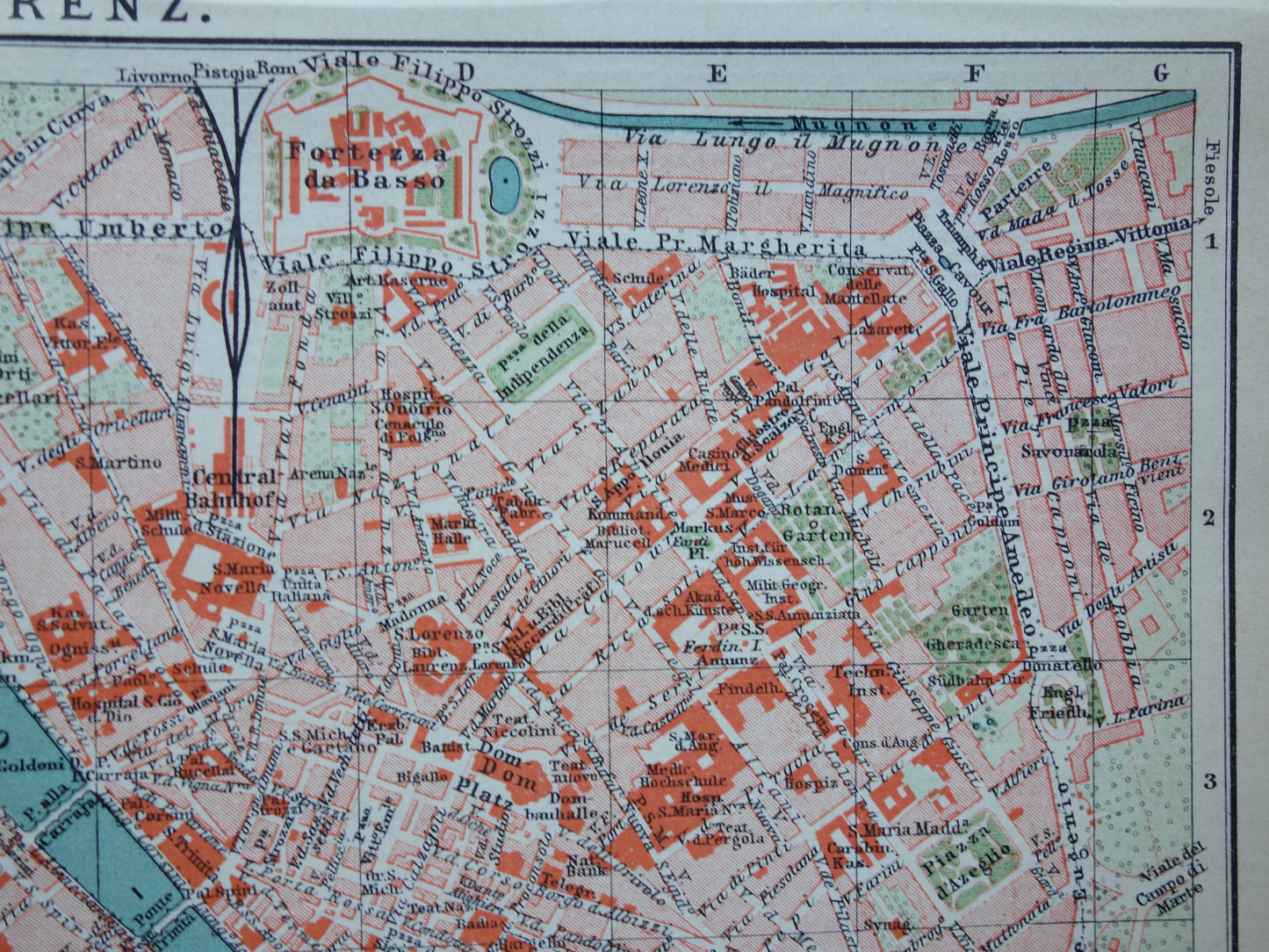 Florence kleiner alter Stadtplan von 1902 Deutsches antikes Kartenwerk