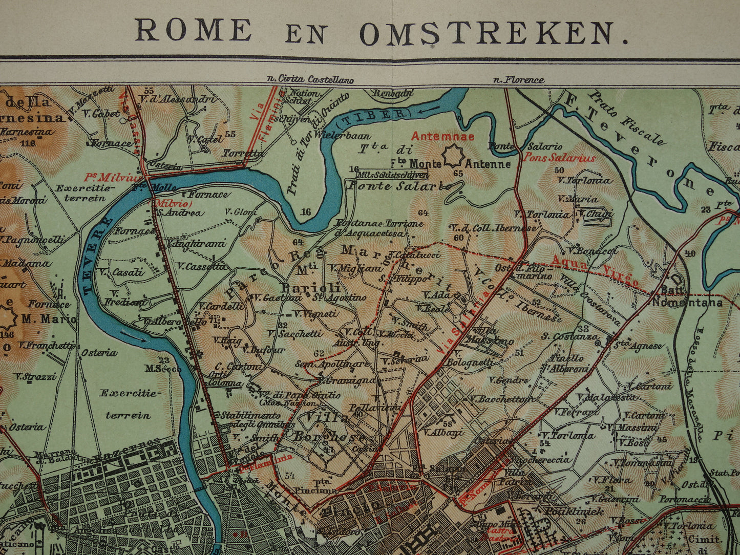 Oude landkaart van Rome en omgeving uit 1910 originele Nederlandse antieke kaart van Rome Italië