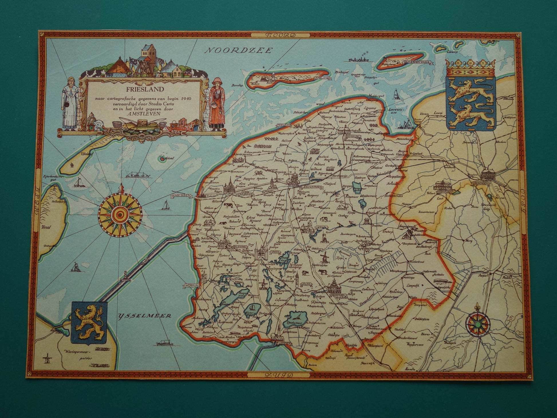 FRIESLAND Vintage kaart van de provincie Friesland uit 1947 Oude historische landkaart