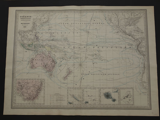 Antique OCEANIA map LARGE 145+ years old print of Polynesia Australia Indonesia vintage maps poster continent Oceania 24x32" big