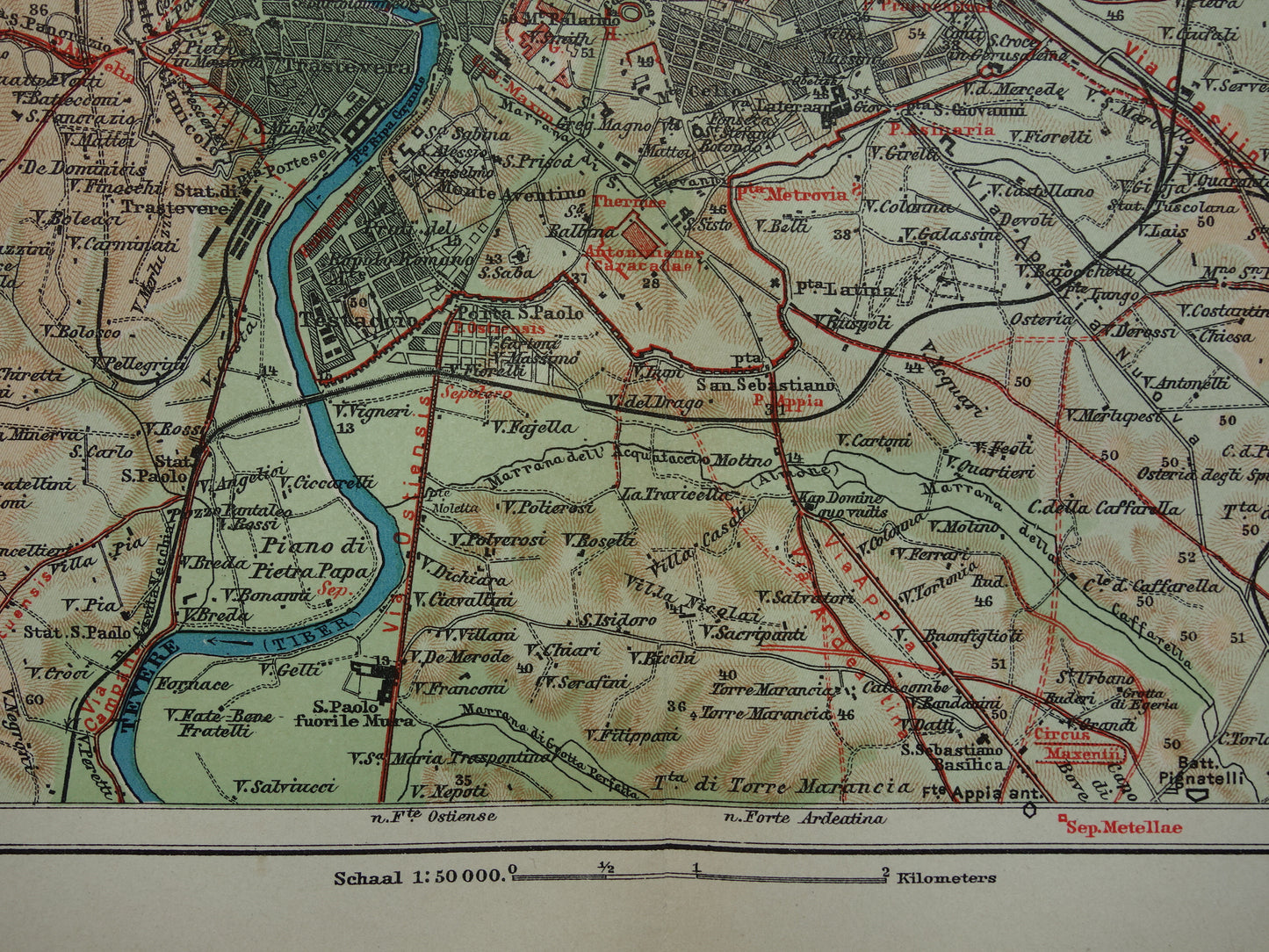 Oude landkaart van Rome en omgeving uit 1910 originele Nederlandse antieke kaart van Rome Italië