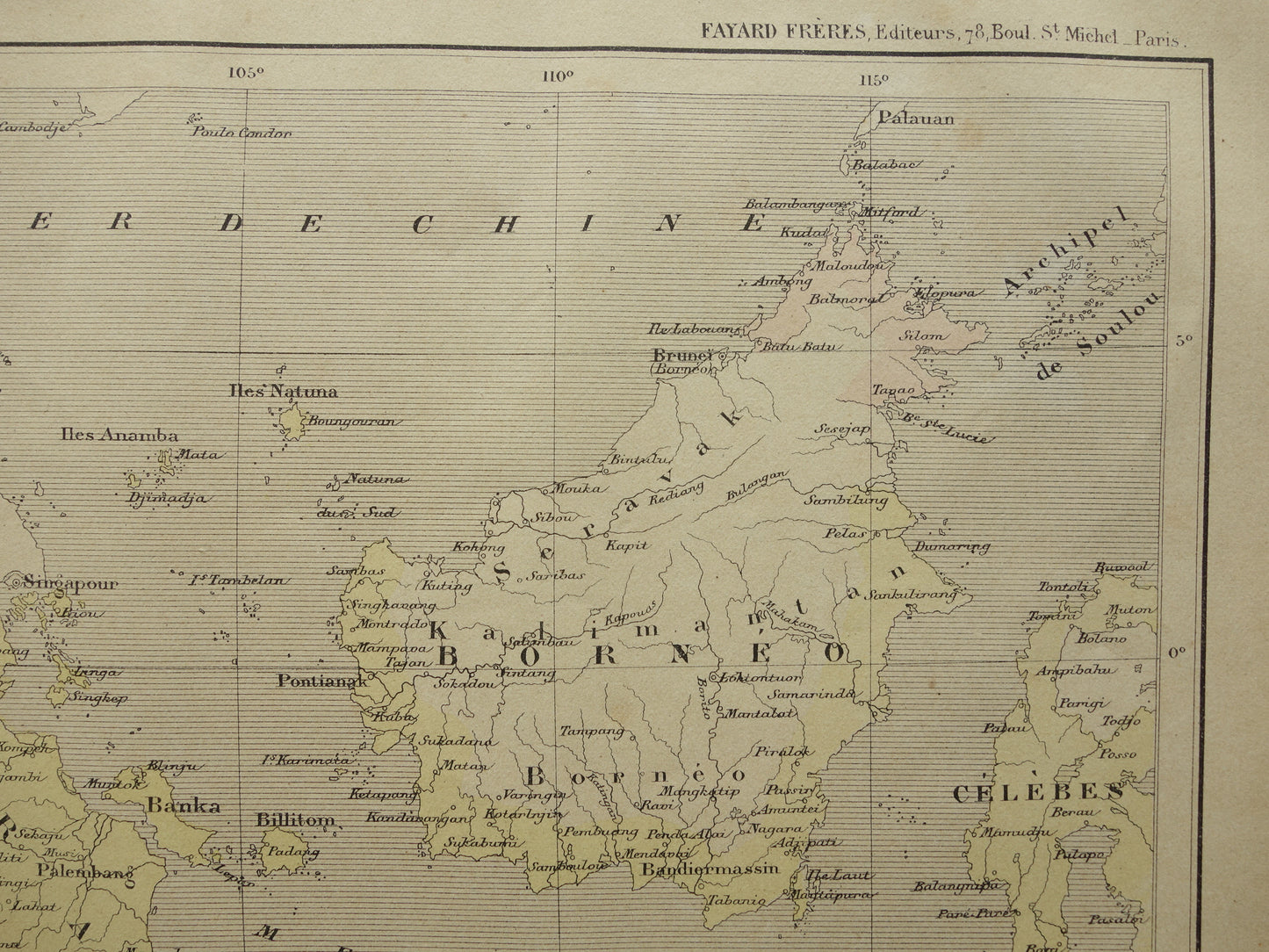 INDONESIA old map of Indonesia 1896 original antique French hand colored map Java Batavia Sumatra