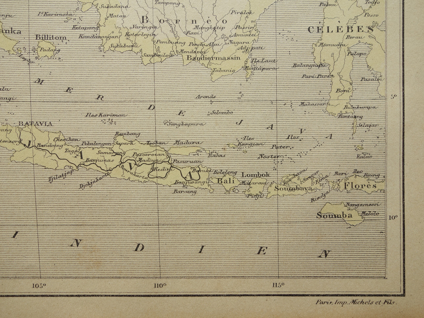 INDONESIA old map of Indonesia 1896 original antique French hand colored map Java Batavia Sumatra
