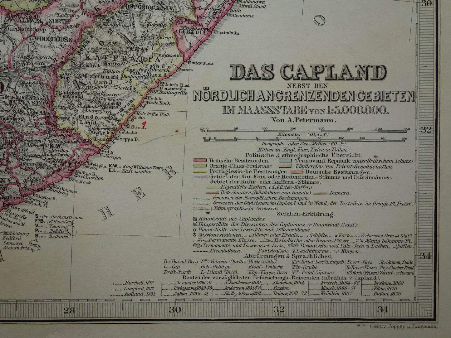 Oude landkaart van Zuid-Afrika in 1885 Grote originele 135+ jaar antieke kaart van Oranje Vrijstaat Namibië Botswana Kaapland Transvaal