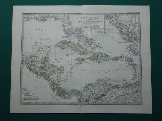 Oude landkaart van het Caribisch gebied Originele antieke kaart Caraïben Caraïbische eilanden en Centraal-Amerika