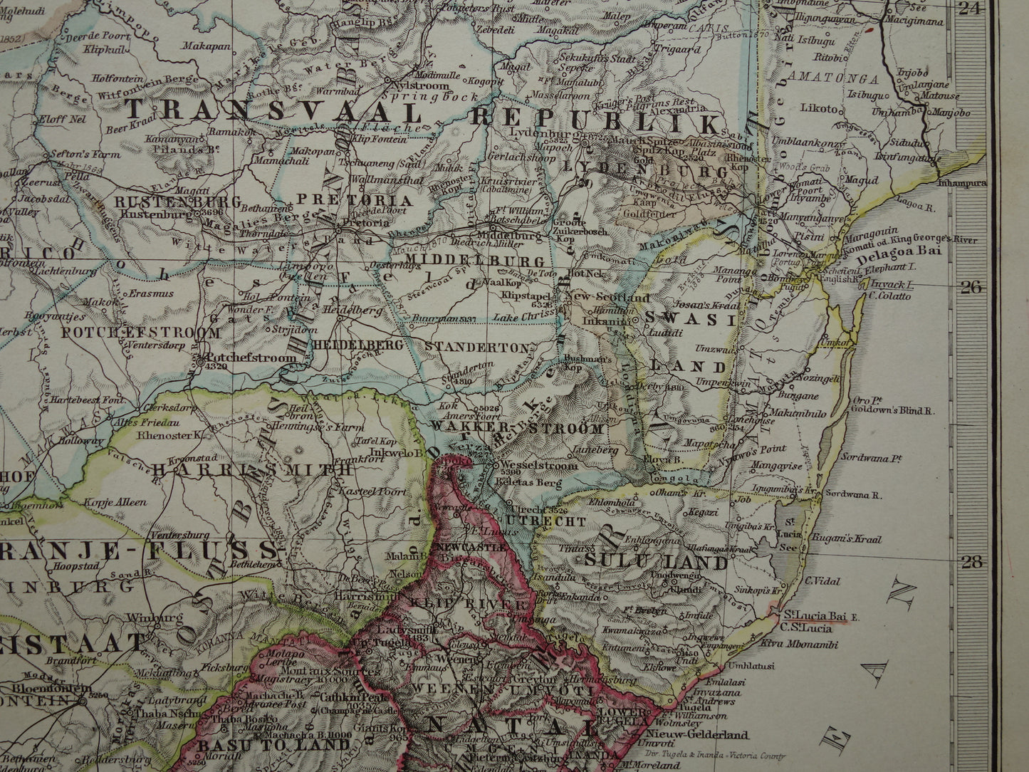 Oude landkaart van Zuid-Afrika in 1885 Grote originele 135+ jaar antieke kaart van Oranje Vrijstaat Namibië Botswana Kaapland Transvaal