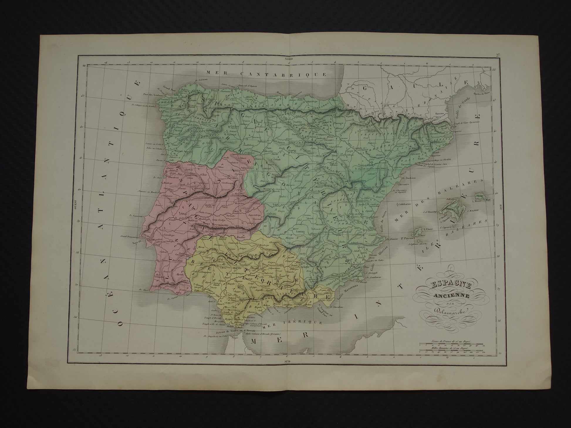 SPANJE Oude landkaart van Spanje & Portugal in klassieke oudheid / Romeinse tijd originele antieke kaart uit 1859