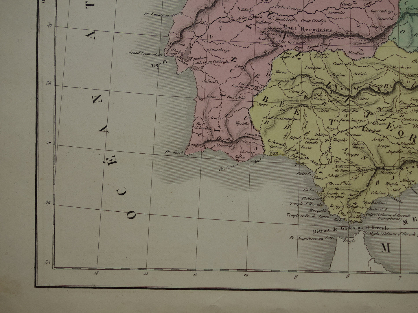 SPANJE Oude landkaart van Spanje & Portugal in klassieke oudheid / Romeinse tijd originele antieke kaart uit 1859