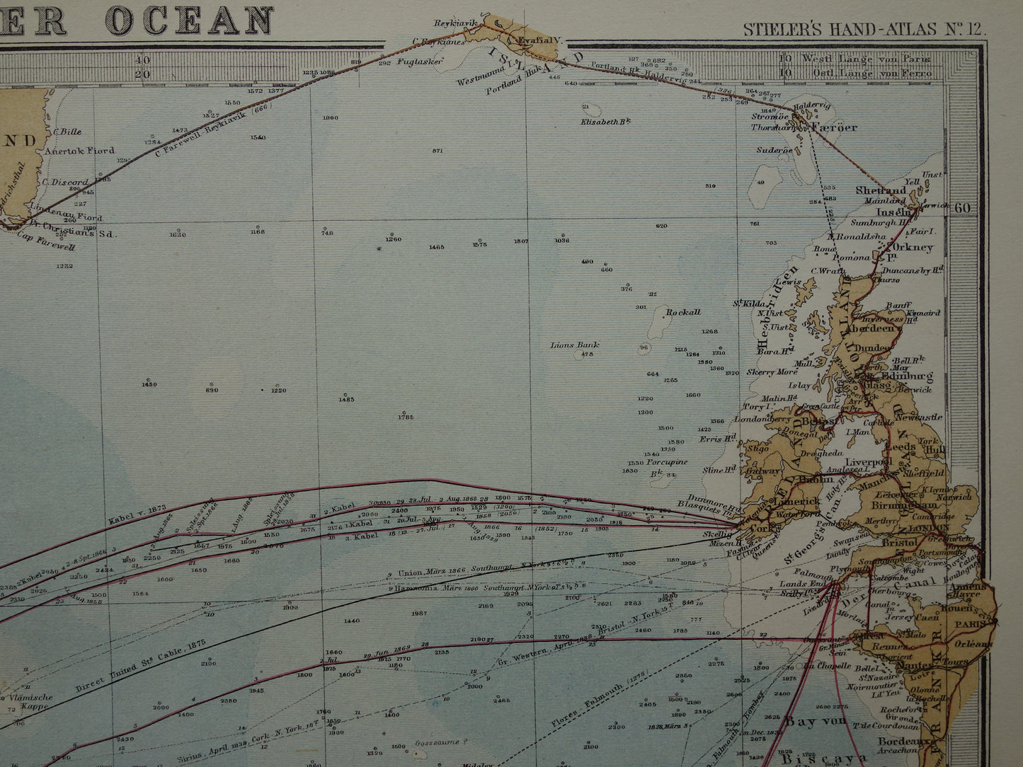 ATLANTISCHE OCEAAN oude kaart van het Noord-Atlantische Oceaan 1877 originele antieke landkaart vintage poster scheepvaart zeekaart