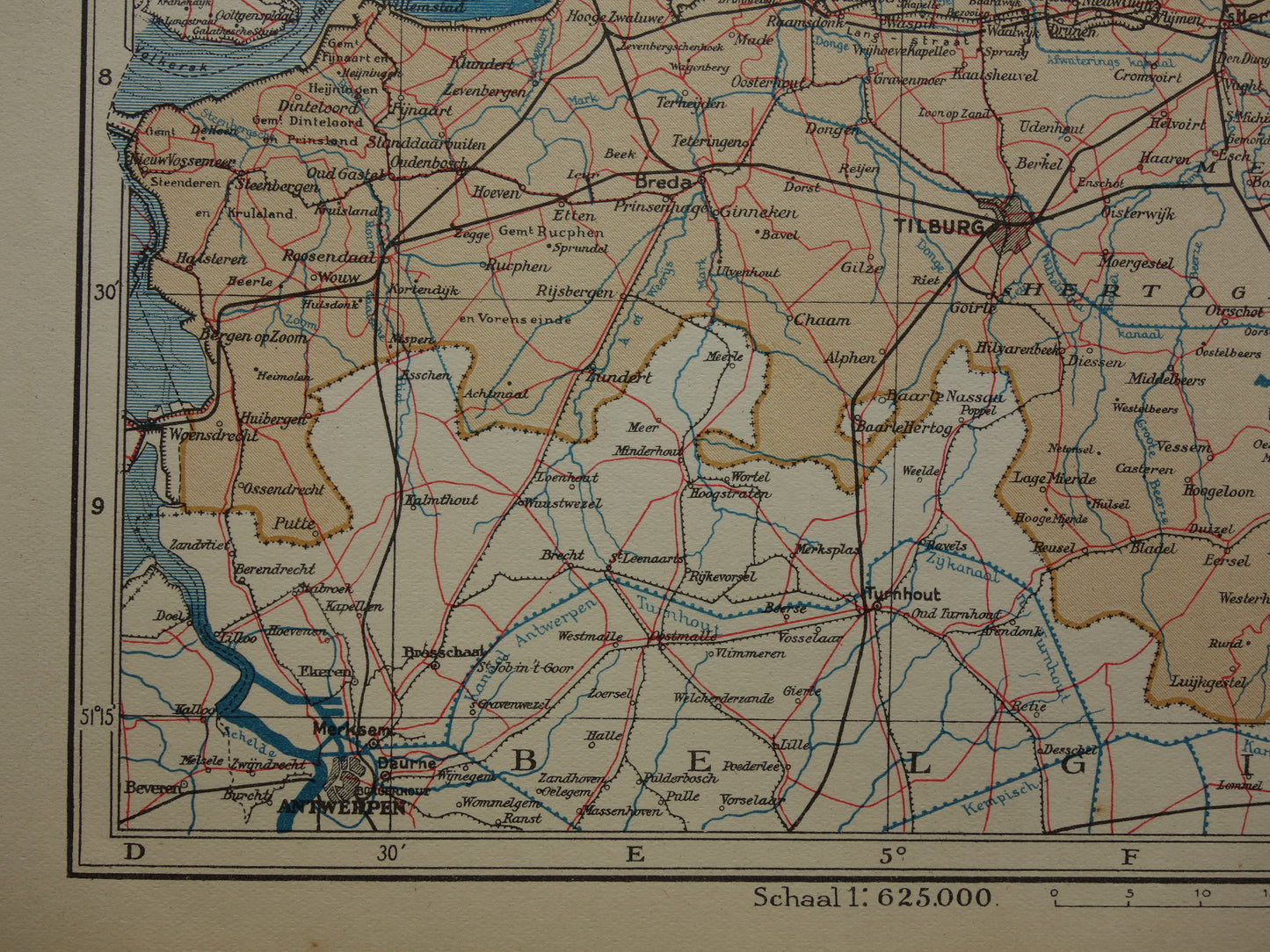 Noord-Brabant Kleine oude landkaart van de provincie Noord-Brabant uit 1937 originele vintage kaart