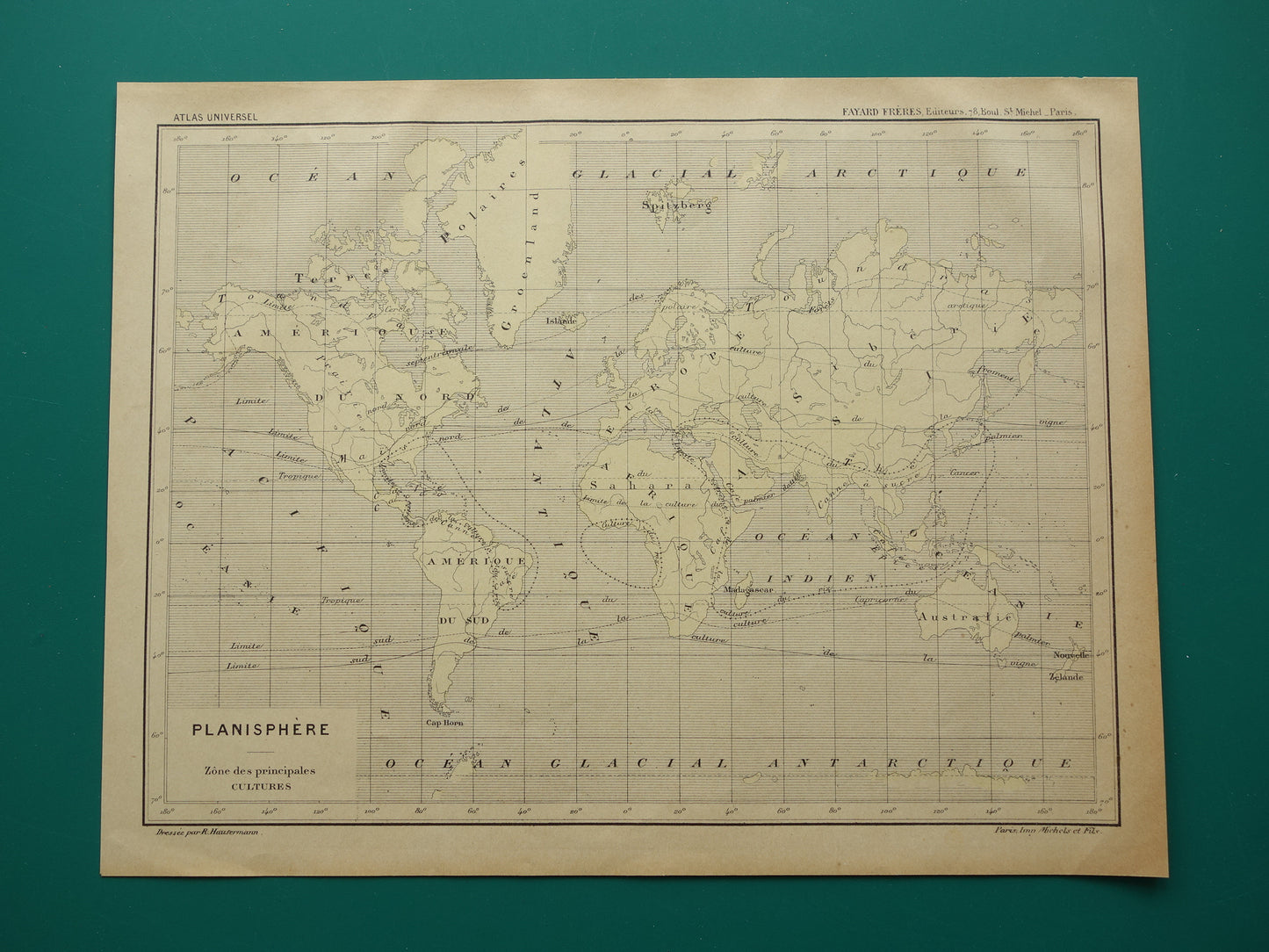 Oude thematische wereldkaart over Gewassen originele antieke Franse kaart Verspreiding Gewassen